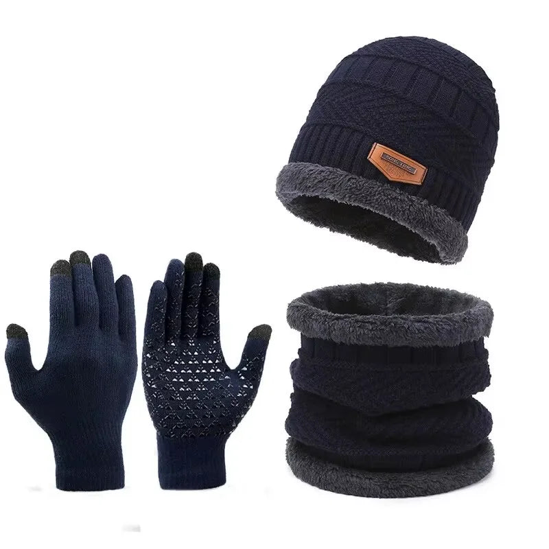 2pcs+1 pair Winter Warm Velvet Hat Scarf Gloves Set Winter Hats Knit Cap Men And Women Velvet Hat Coral Fleece Scarf Outdoor Rid