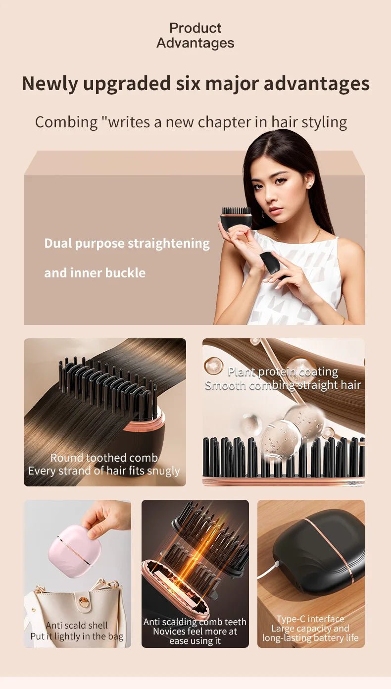 2025 New Mini Straightener Rechargeable Portable Hair Straightener Brush Anti - Scald Shell Cordless USB Charging Straighteners - BeyoutifulSpot®