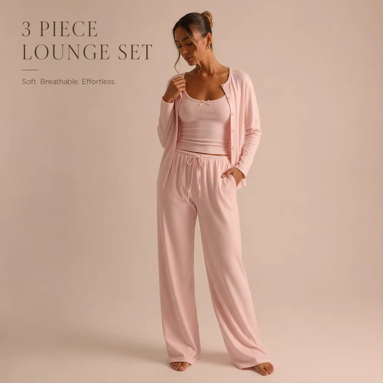 CloudRib™ 3-Piece Lounge Set – Tank Top, Cardigan & Wide-Leg Pants