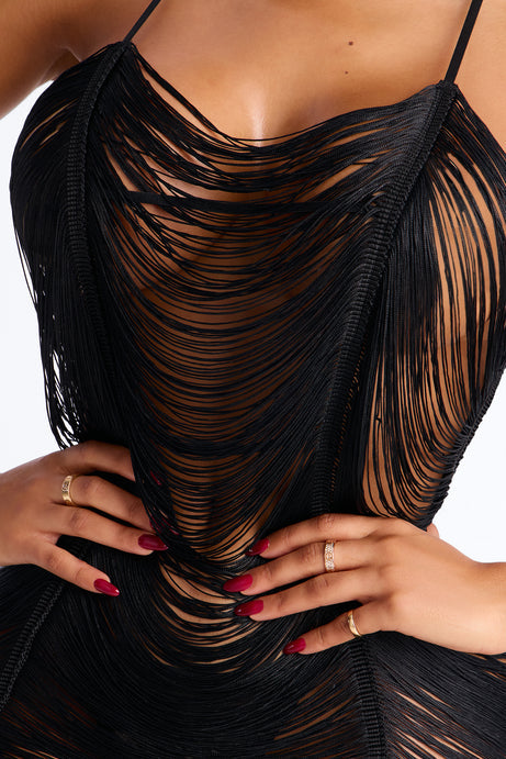 Allure Fringe Slip Dress™ — Sheer Halter Mini