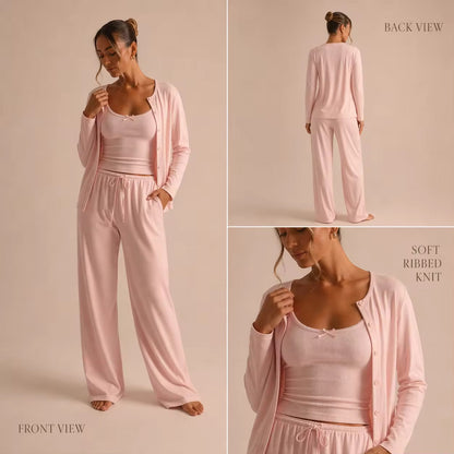 CloudRib™ 3-Piece Lounge Set – Tank Top, Cardigan & Wide-Leg Pants