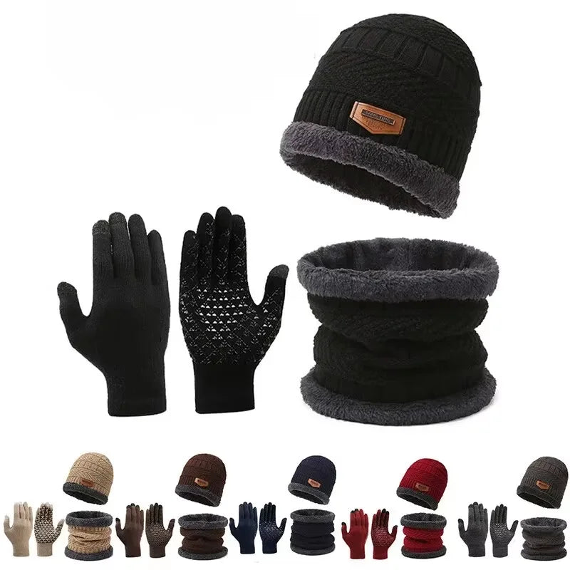 2pcs+1 pair Winter Warm Velvet Hat Scarf Gloves Set Winter Hats Knit Cap Men And Women Velvet Hat Coral Fleece Scarf Outdoor Rid