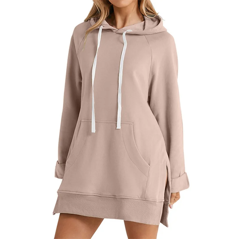Women’s Hoodie Dress – Loose Fit, Slit Hem, Big Pocket & Drawstring Hood (Mid-Length)