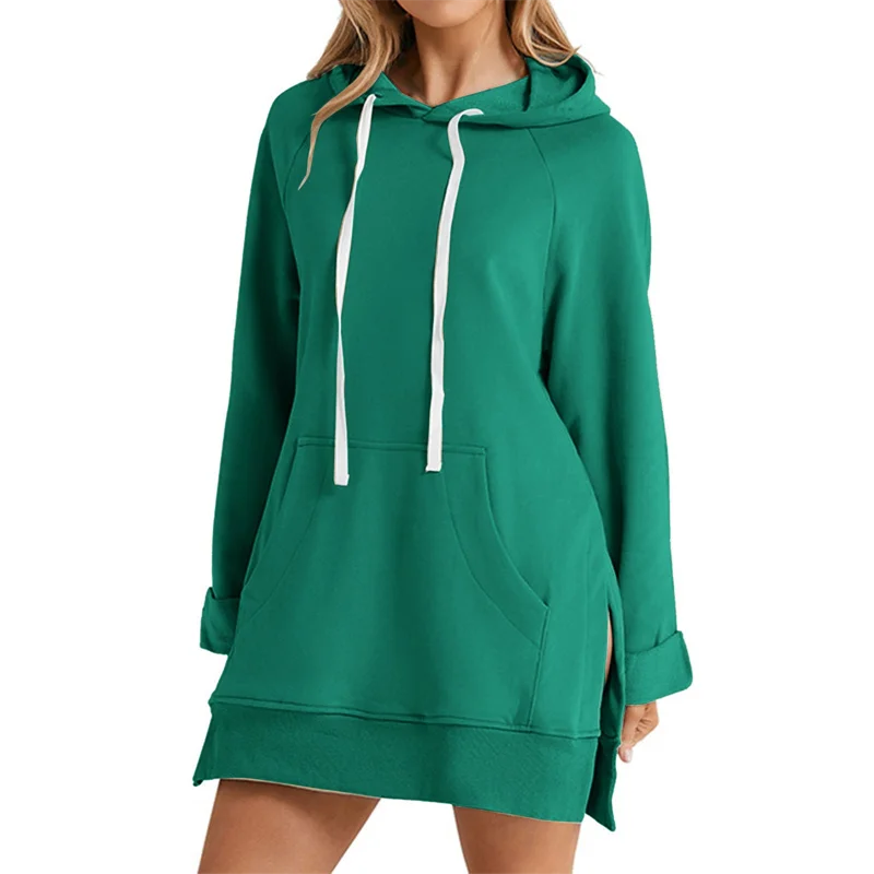 Women’s Hoodie Dress – Loose Fit, Slit Hem, Big Pocket & Drawstring Hood (Mid-Length)