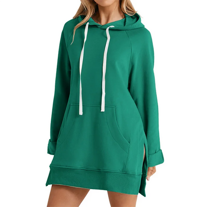 Women’s Hoodie Dress – Loose Fit, Slit Hem, Big Pocket & Drawstring Hood (Mid-Length)