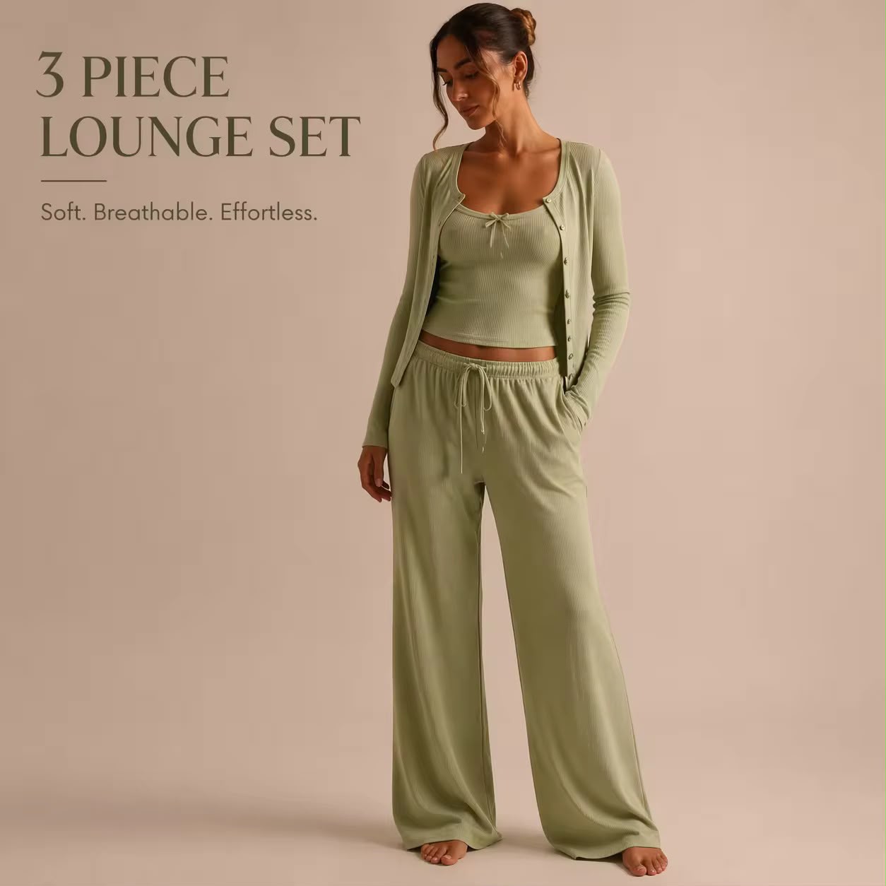 CloudRib™ 3-Piece Lounge Set – Tank Top, Cardigan & Wide-Leg Pants