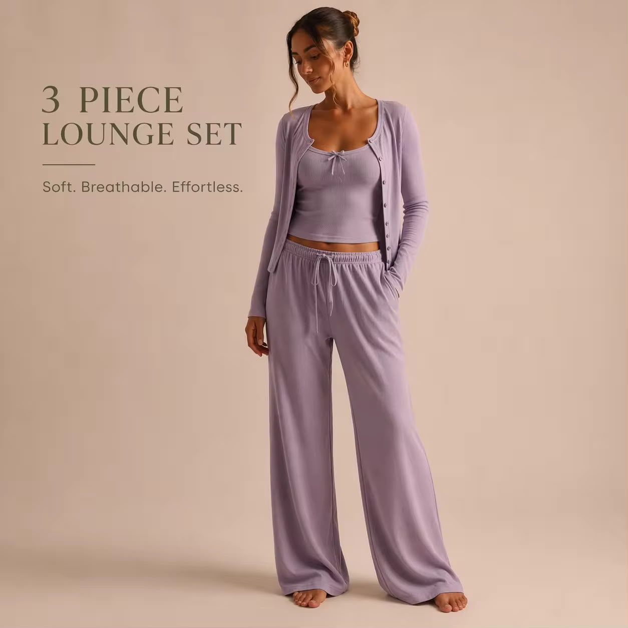 CloudRib™ 3-Piece Lounge Set – Tank Top, Cardigan & Wide-Leg Pants