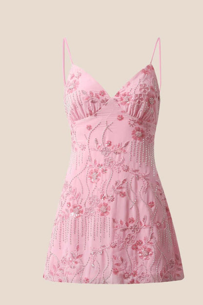 Floral Beaded Embroidery Mini Dress - BYS