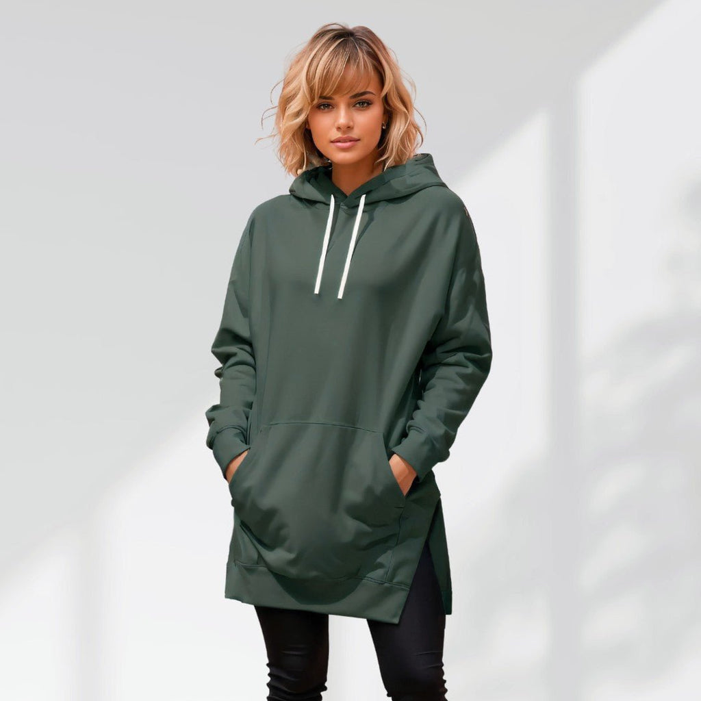 Women’s Hoodie Dress – Loose Fit, Slit Hem, Big Pocket & Drawstring Hood (Mid - Length) - BeyoutifulSpot®