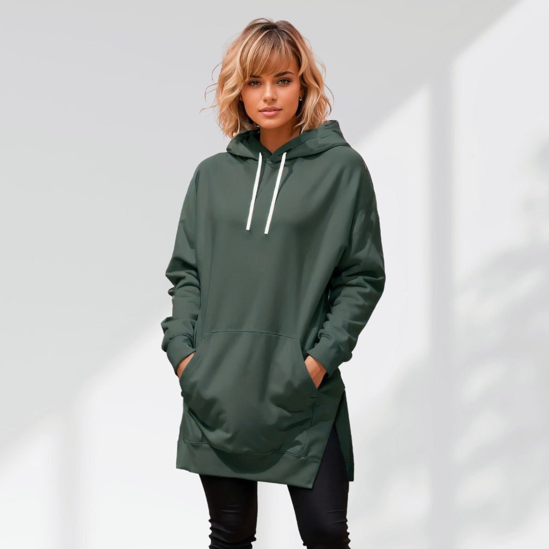 Women’s Hoodie Dress – Loose Fit, Slit Hem, Big Pocket & Drawstring Hood (Mid - Length) - BeyoutifulSpot®