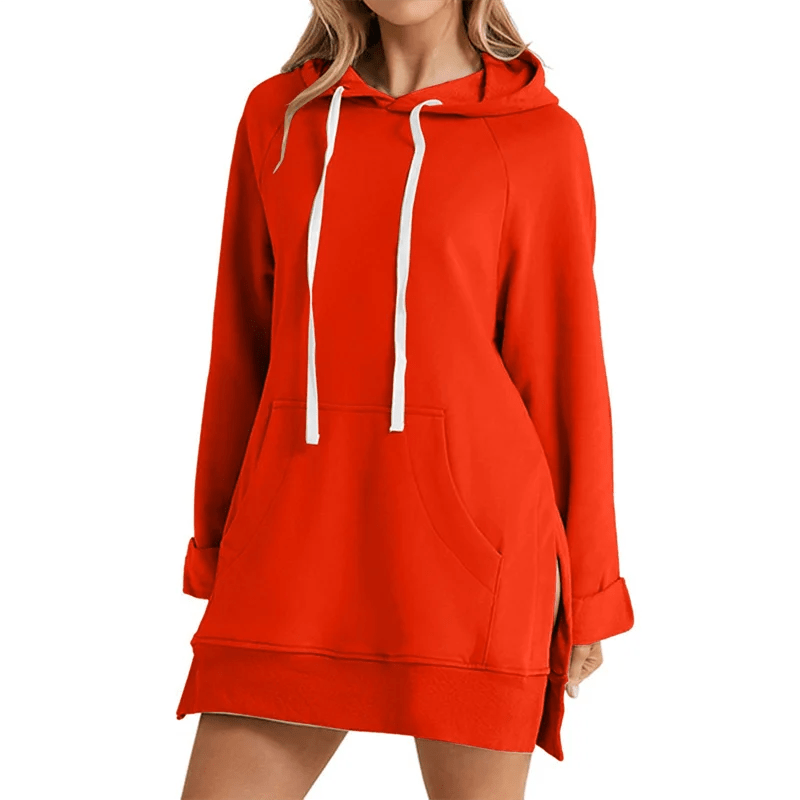 Women’s Hoodie Dress – Loose Fit, Slit Hem, Big Pocket & Drawstring Hood (Mid - Length) - BeyoutifulSpot®